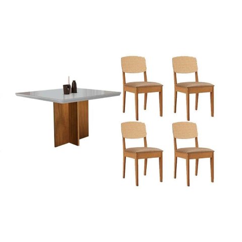 Sala de Jantar Completa Berlim C/ Tampo Madeirado C/ Vidro Canto Curvo 90x90cm e 4 Cadeiras Havana