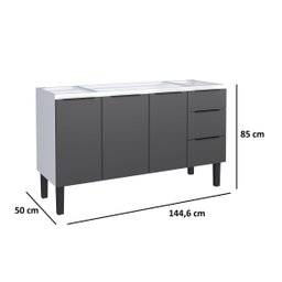 Gabinete Armário Cozinha Jupter 1.50 Mt 100% Aço P/ Pia -Balção -3 Portas- 3 Gavetas:Branco/Preto - 3