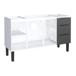 Gabinete Armário Cozinha Jupter 1.50 Mt 100% Aço P/ Pia -Balção -3 Portas- 3 Gavetas:Branco/Preto - 4