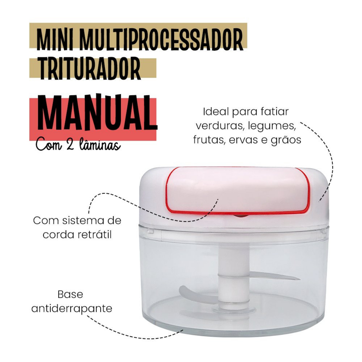Mini Multiprocessador Triturador Manual 2 Lâminas Inox Alho - 2