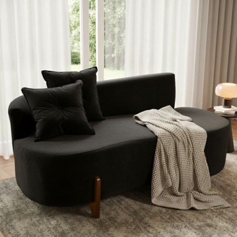 Sofá Orgânico 2 Lugares c/2 Almofadas Curvo Sala Recepção Luna Veludo Preto - Montanaris Decor