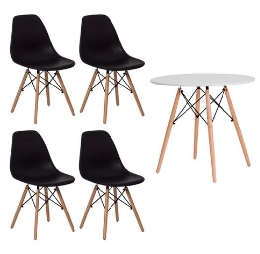Conjunto Kit Mesa Jantar Eiffel 90cm Branca + 4 Cadeiras Charles Eames Preta - 1