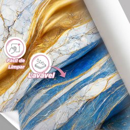 Papel de Parede Painel 3d Mármore Branco Azul Dourado 2m Auto Colante Revestimento Brilhoso - 3