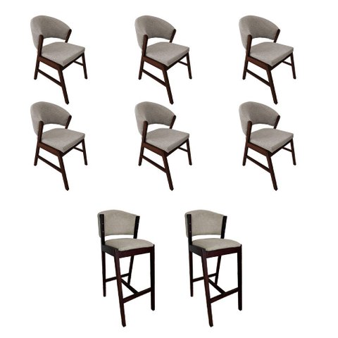 Kit 6 Cadeiras de Jantar Debora com 2 Banquetas Ana Madeira Maciça Castanho Premium Linho Bege