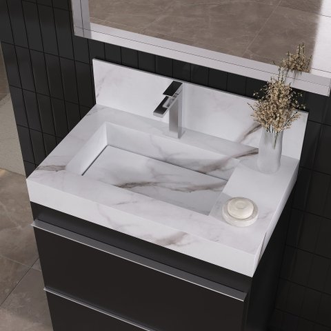 Lavatório para Banheiro com Cuba Esculpida Slim em Porcelanato Polido 60cm Blu Branco/Calacata