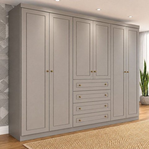 Guarda Roupa Casal 6 Portas 4 Gavetas Americano Cinza