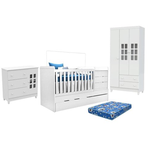 Quarto de Bebê Mariah 3 Portas com Berço Americano Multifuncional Cleo Branco com Colchão - Carolina