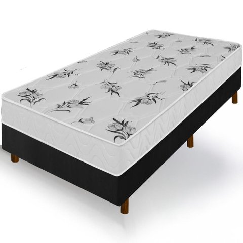 Cama Box Preta + Colchão Solteiro King Castelar Branco Espuma D33 Bordado 96x203x57cm