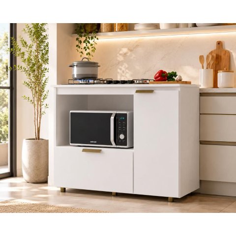 Balcão para Cooktop 106,5cm Branco Bigger com 3 Prateleiras com Nincho Micro-Ondas J Carvalho