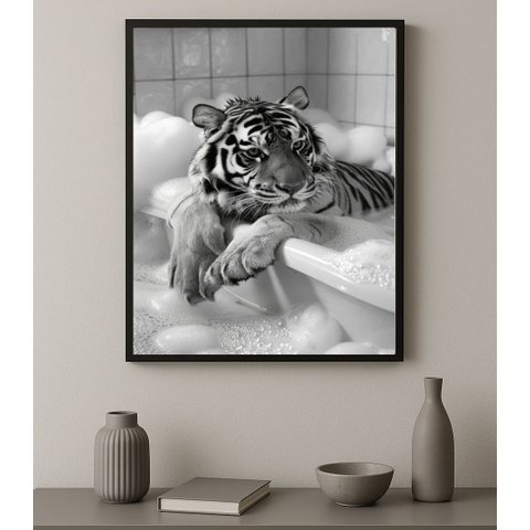 Quadro Banheiro Fotografia Tigre na Banheira 24x18cm:moldura Preta