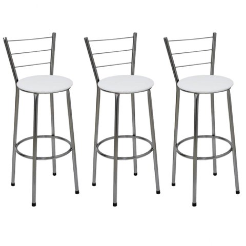 Kit 3 Banquetas Média Cromada Com Encosto Assento Branco
