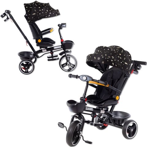 Triciclo Infantil com Empurrador Haste 2 em 1 Luxo Carrinho de Passeio Criança com Capota 50kg Preto