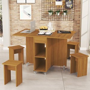Mesa Dobrável Jade Com 4 Bancos De Encaixe e Rodízios Nature