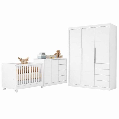 Quarto Completo com Guarda Roupa 3 Portas e 4 Gavetas + Cômoda 2 Portas e 4 Gavetas + Berço Mini