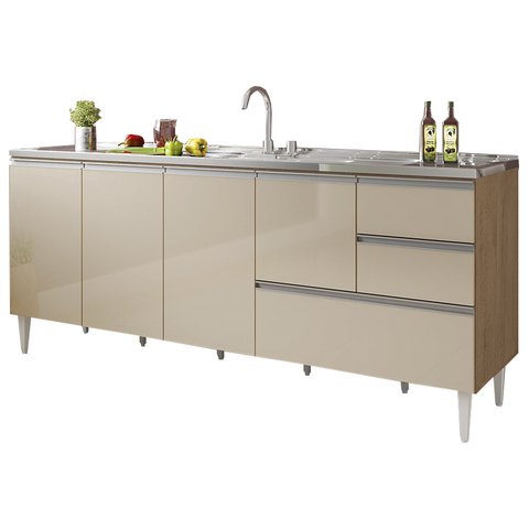 Balcão para Pia de 2,00 Mt Maceió com Gavetão Amendoa Off White Puxador Aluminio