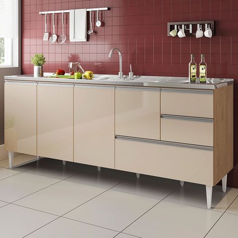 Balcão Gabinete Pia 2,00m Maceió Bymadero Amêndoa Off White – 4 Portas 2 Gavetas + 1 Gavetão