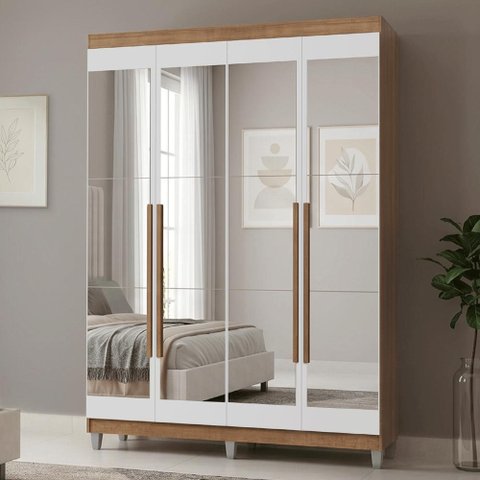Guarda-Roupa Solteiro com Pés 4 Portas Batentes com Espelhos Rustic/Branco/Rustic Netuno Madesa