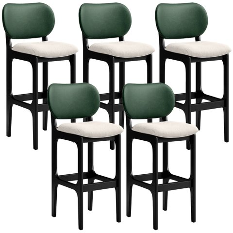 Kit 5 Banquetas Alta Bar Cozinha Sala Jantar Fixa Betta L02 Preto Facto Verde Linho Cru - Lyam