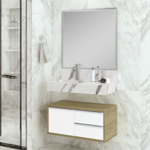 Bancada em Porcelanato para Banheiro 80cm Pró com Cuba Esculpida Yescasa Branco/Calacata
