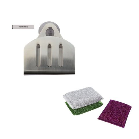 Porta Esponja Inox Ventosa Redondo e 3 Esponjas Anti Risco Utensilios do Chef