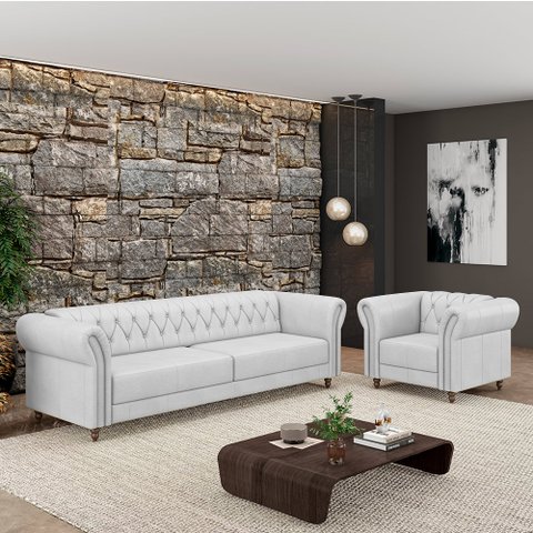 Conjunto Sala de Estar 1 Sofá Living 220cm e 1 Poltrona Stanford Chesterfield Pés Madeira Couro Bran