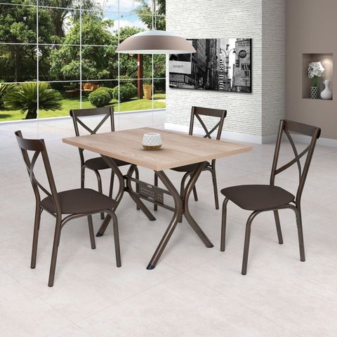 Conjunto Mesa 120cm com 4 Cadeiras Karina X Marrom/Bronze/Linho