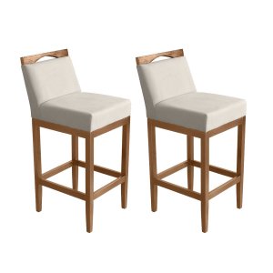 Kit 2 Banquetas Alta Lyara em Madeira Maciça com Encosto Estofada Marinho Móveis Banqueta Lyara Crem