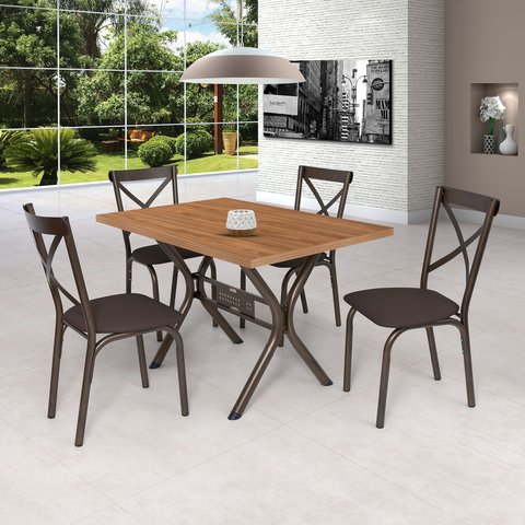 Conjunto Mesa 120x80cm Tampo MDP com 4 Cadeiras Karina X Marrom/Bronze/Linho