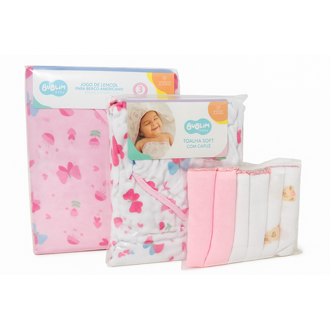 Kit Enxoval Bebe Jogo de Lençol, Toalha de Banho e Pano de Boca Cor:rosa