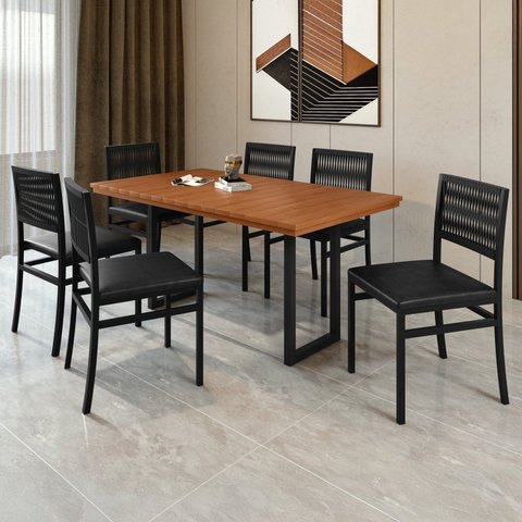 Conjunto Sala de Jantar 6 Cadeiras Madeira Maciça Ripada Itália Preto