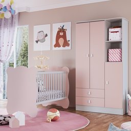 Quarto De Bebê Completo Berço Com Guarda Roupa 3 Portas 2 Gavetas 2 Nichos Algodao Doce - 1