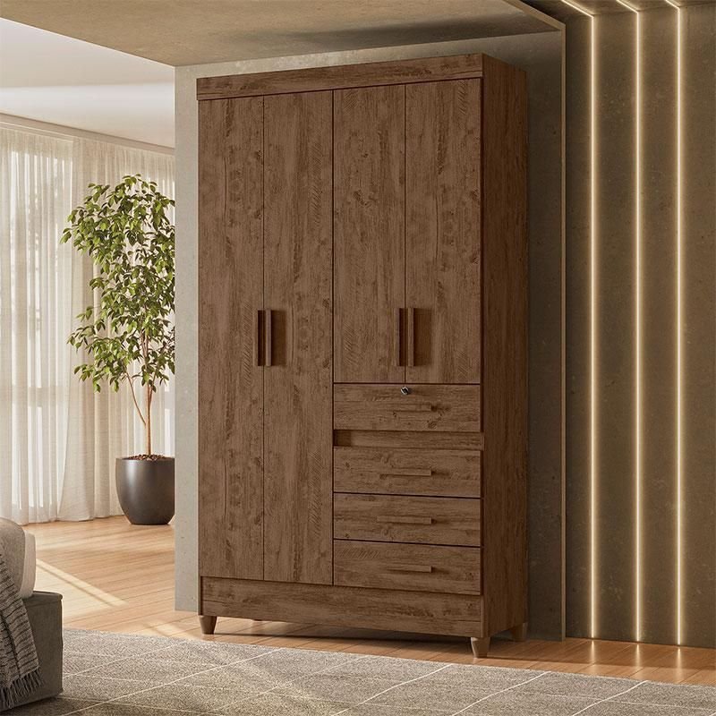 Guarda Roupa Solteiro Sobral 4 Portas Castanho Wood - Moval