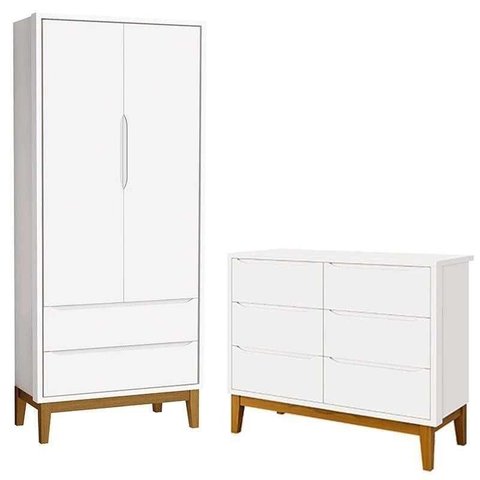 Cômoda 6 Gavetas e Guarda Roupa 2 Portas New Classic Branco com Pés Madeira - Reller