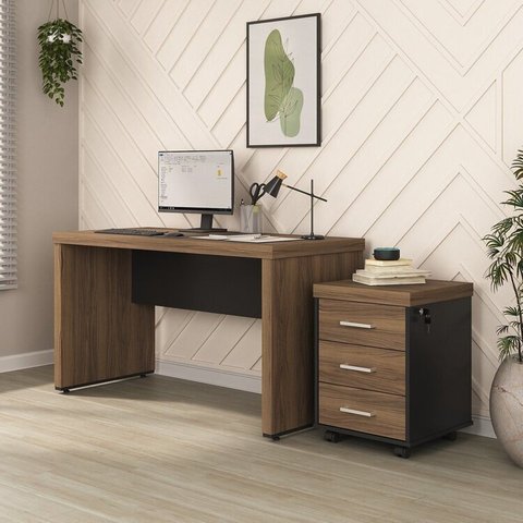 Conjunto Mesa 135,6cm Gaveteiro Tamburato 3 Gavetas Marrom/Nogal/Preto Artany