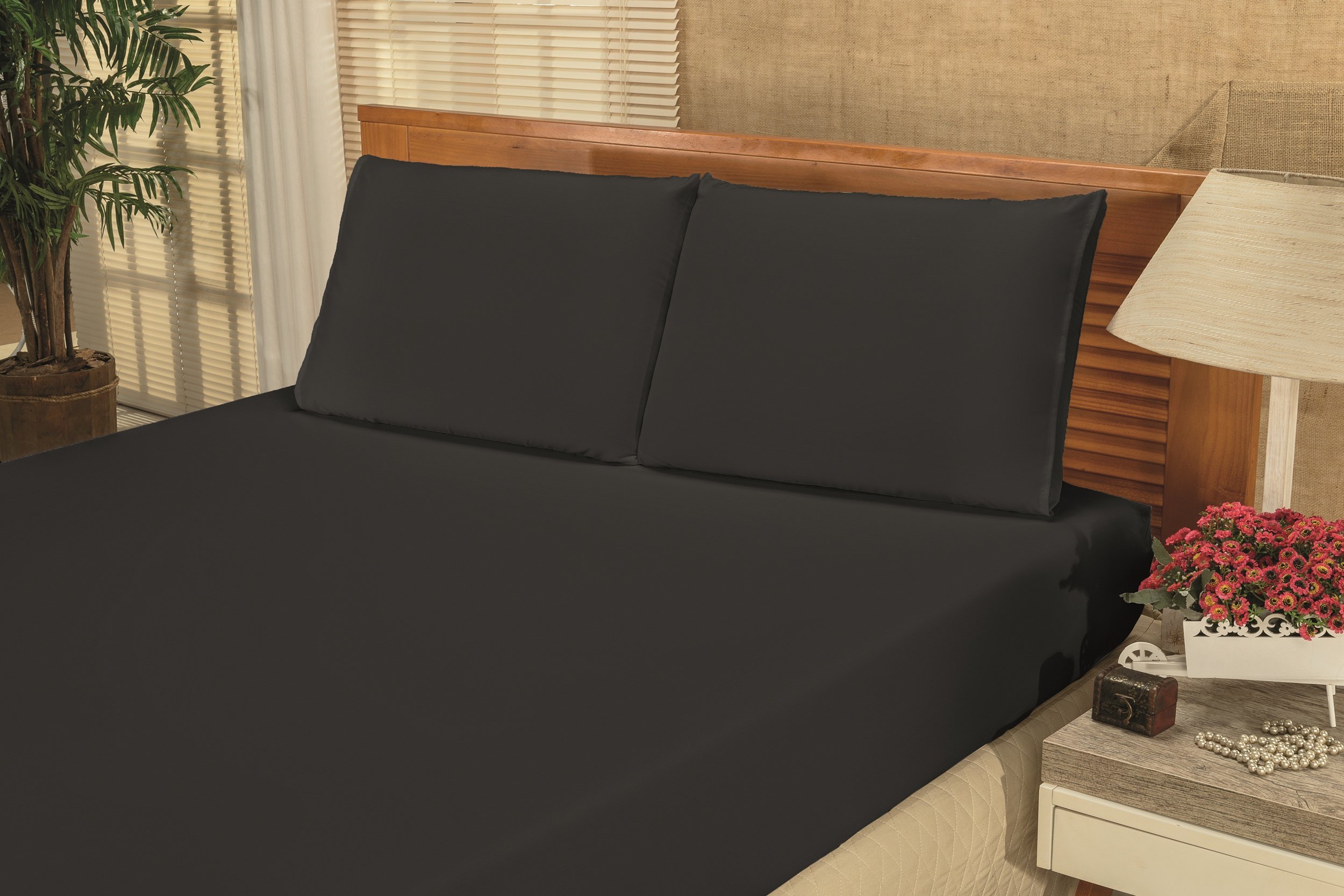 Jogo de Cama King 3 pç Lençol + Fronhas Bianca Microfibra Preto