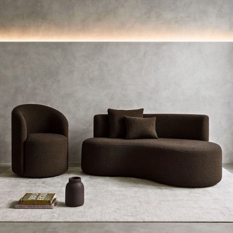 Conjunto 01 Poltrona + Sofá Curvo Orgânico Nature Gaia Boucle Marrom - Montanaris Decor