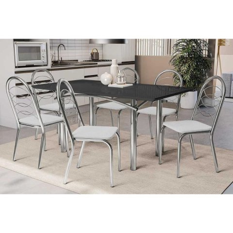Conjunto: Mesa Sala Jantar Elba Tampo Madeirado C/ Vidro 160cm e 6 Cadeiras Holanda Cromada/preto -
