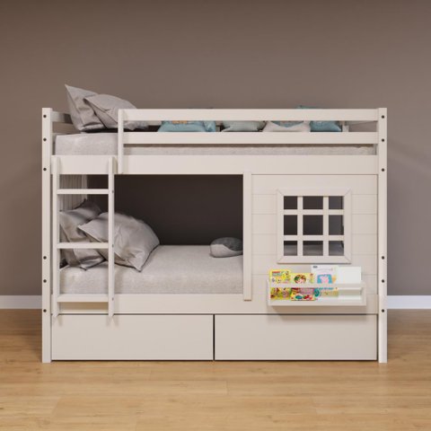 Beliche Infantil com Janela Gavetas e Cortina Madeira Maciça Branco Housin