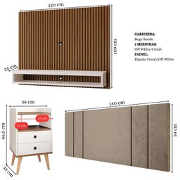 Kit 2 Mesinha Canto Quarto Painel Tv 50 Polegada Ripado Freijó/off Cabeceira Cama Casal 1,40 Bege - 4