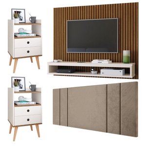 Kit 2 Mesinha Canto Quarto Painel Tv 50 Polegada Ripado Freijó/off Cabeceira Cama Casal 1,40 Bege