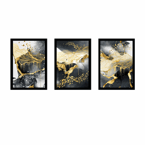 Tríptico - Quadros Decorativos Abstrato Ouro Grande:Preto