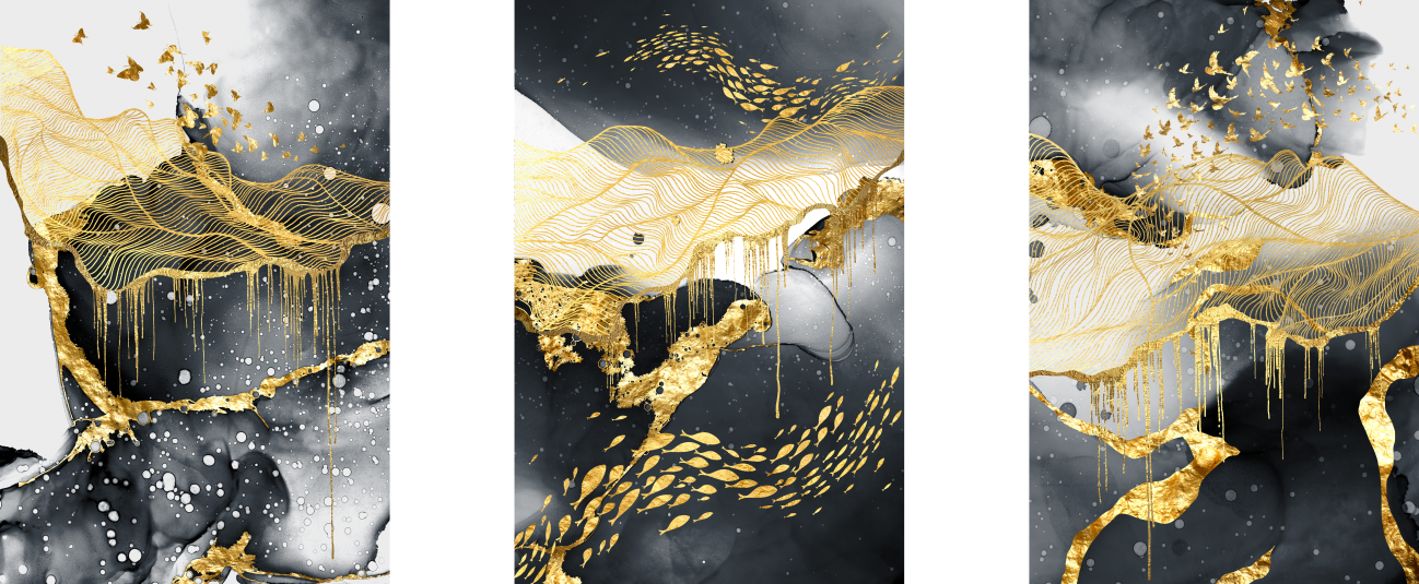 Tríptico - Quadros Decorativos Abstrato Ouro Grande:Preto - 4