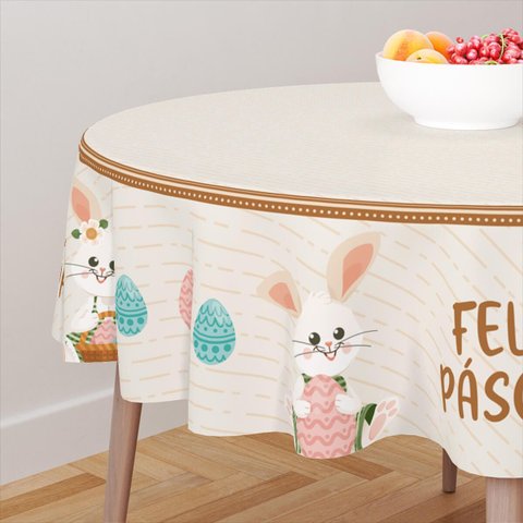 Toalha de Mesa Redonda 4 Lugares Coelhos Alegria de Páscoa