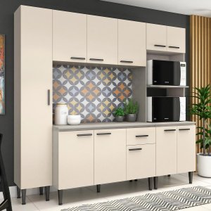 Cozinha Modulada Max 220 x 195 Cm Balcão Tampo Armário Nicho Forno MDP Cinza Champanhe - ClickLar