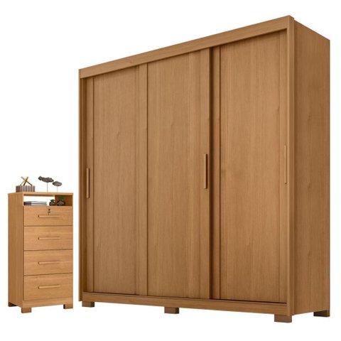 Guarda Roupa Casal Confort 3 Portas com Cômoda Primordial Max 4 Gavetas Cinamomo Fosco-Zanzini