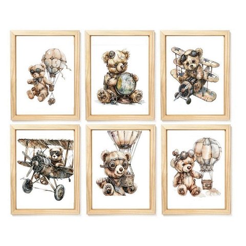 Kit Quadro Urso Mundo e Viagem Decorativo Quarto Criança Enxoval Bebê