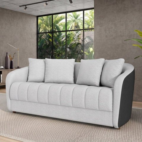 Sofá Living 186cm Linho 3 Lugares com 4 Almofadas Abba Cinza/Preto