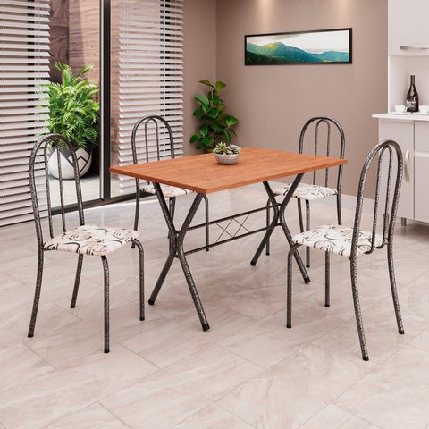 Conjunto de Mesa Tubular 62 100x60cm Tampo em Mdfcom 4 Cadeiras Ane B Prata/Arabesco/Mart