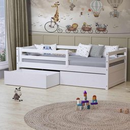 Cama Solteiro Dreams com 02 Gavetas e Grade de Proteção Madeira Maciça Branco Megamobilia - 1