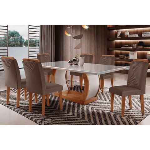 Sala de Jantar Completa Jade Tampo Madeirado C- Vidro Curvo 180x90 e 6 Cadeiras Amsterdã Capuccino-